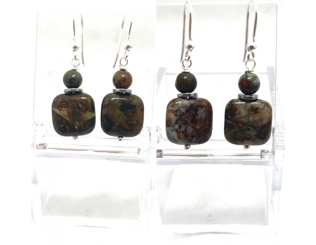 BOUCLE D'OREILLE CRÉATION OPALE VERTE ET MARRON D'AFRIQUE (JASPE)