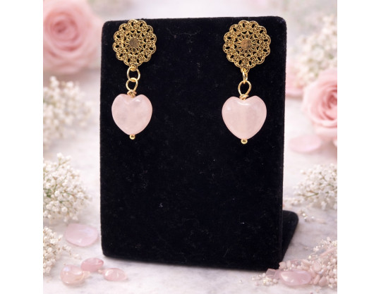 BOUCLES D'OREILLE COEUR QUARTZ ROSE