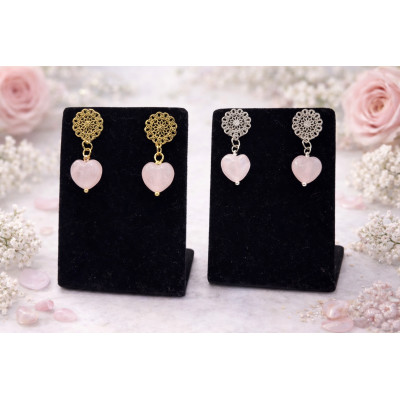 BOUCLES D'OREILLE COEUR QUARTZ ROSE