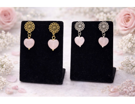 BOUCLES D'OREILLE COEUR QUARTZ ROSE
