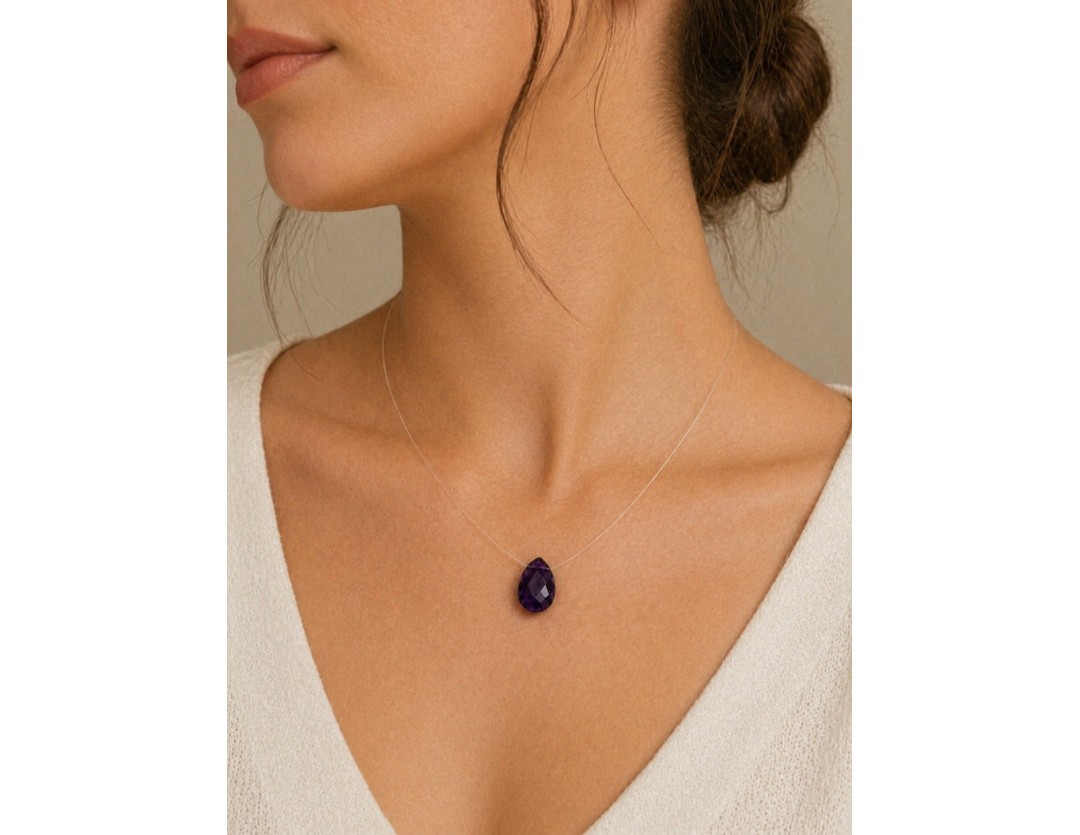 COLLIER CRIN ET PERLE GOUTTE AMÉTHYSTE FACETTE