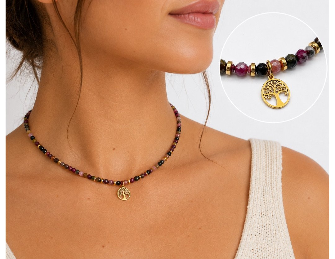 COLLIER TOURMALINE MELON FACETTE 4MM & ARBRE DE VIE