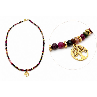 COLLIER TOURMALINE MELON FACETTE 4MM & ARBRE DE VIE