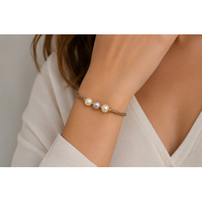 BRACELET RÉGLABLE PERLES D'EAU DOUCE ET MACRAMÉ