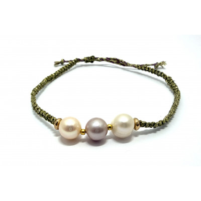 BRACELET RÉGLABLE PERLES D'EAU DOUCE ET MACRAMÉ