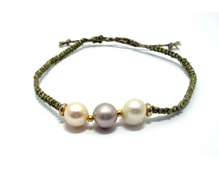 BRACELET RÉGLABLE PERLES D'EAU DOUCE ET MACRAMÉ