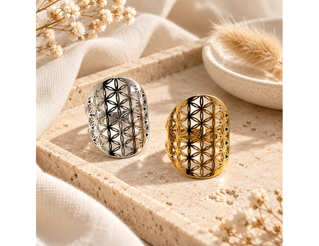 BAGUE REGLABLE FLEUR DE VIE ACIER INOXYDABLE